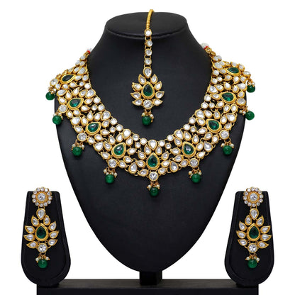 Green Color Imitation Pearl & Kundan Necklace With Earrings & Maang Tikka (KN163GRN)