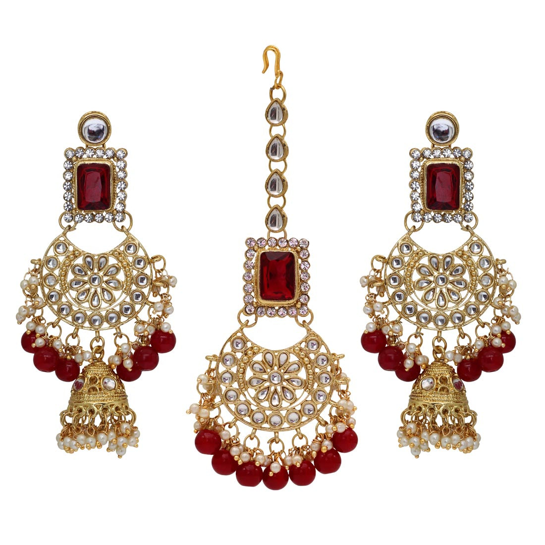 Maroon Color Kundan Bridal Necklace With Earrings & Maang Tikka (KN222MRN)