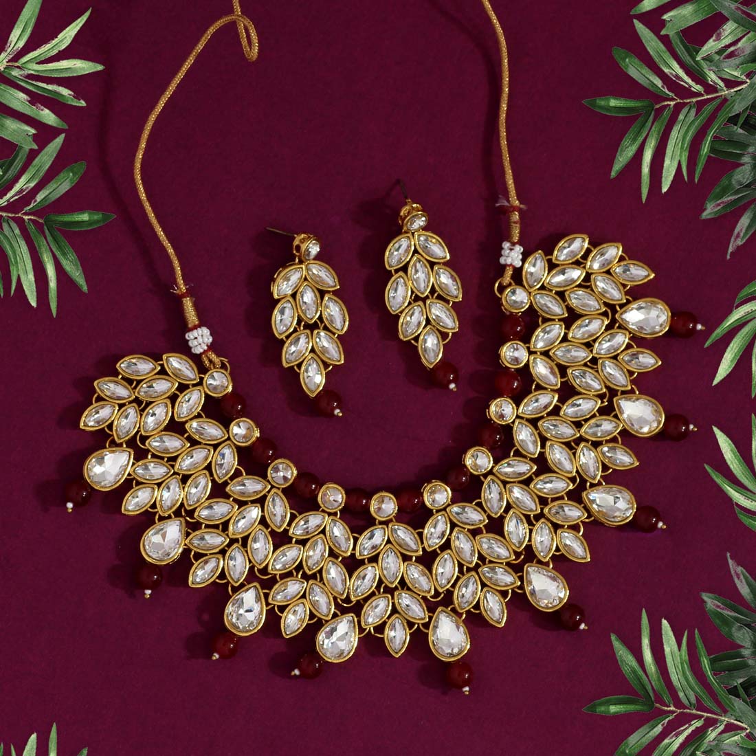 Maroon Color Kundan Necklace Set (KN373MRN)