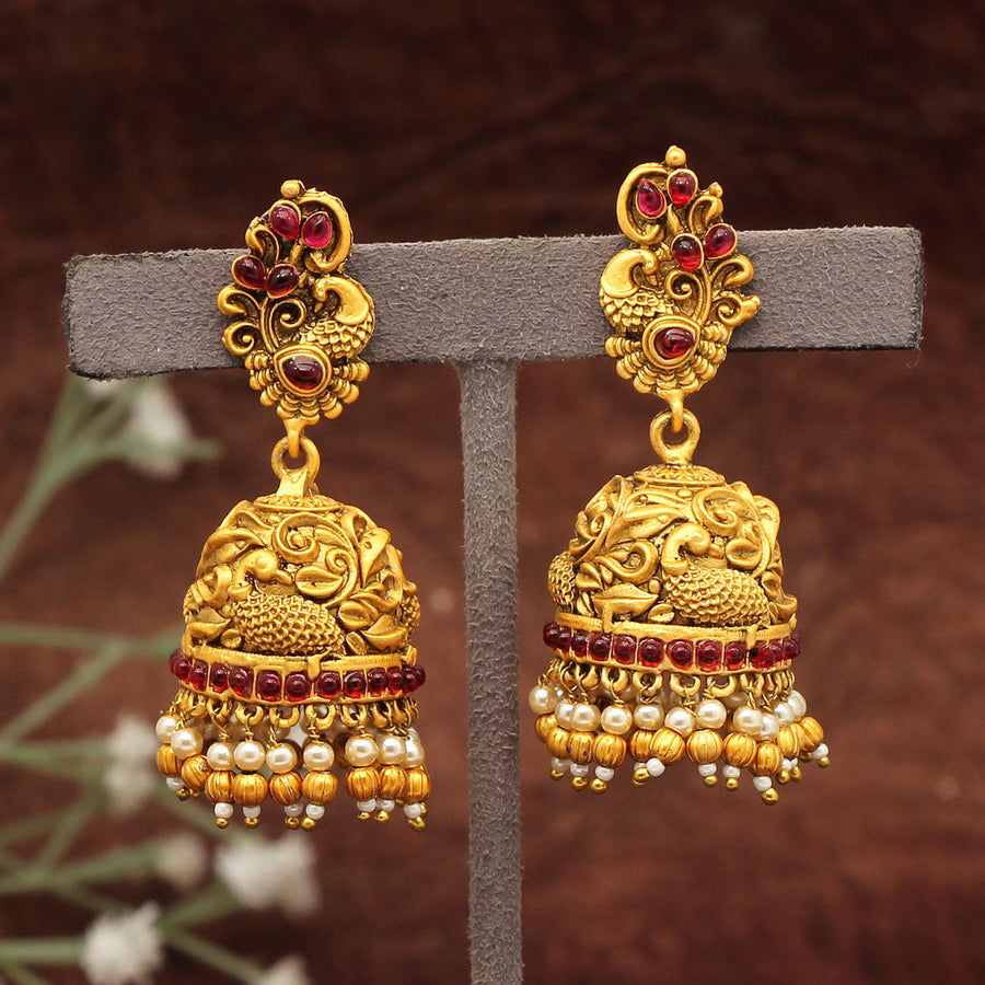 Temple Jewellery - 22K Gold Drop Earrings with Beads & Pearls -  235-GER16465 in 16.500 Grams