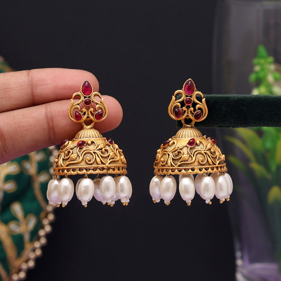 Buy Rani Color Matte Gold Jhumka Earrings Online From Wholesale Salwar.