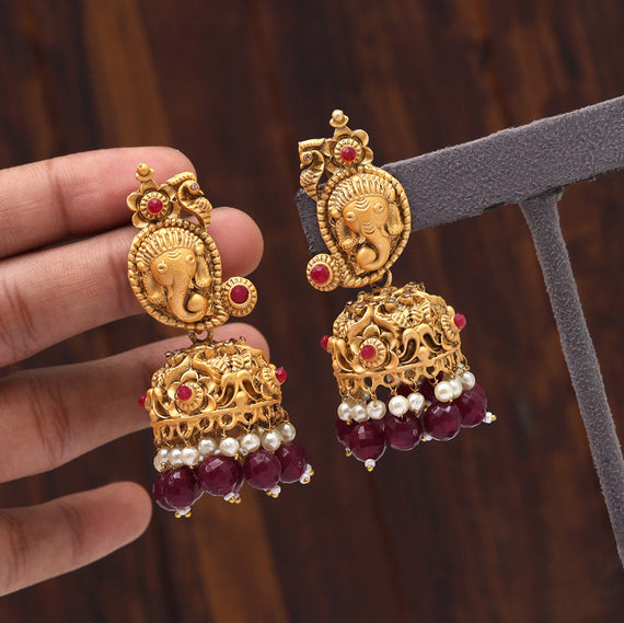 Kempu & Multicolour Stones With Pearls Flower & Moon Design 3 Step Earrings  For Bharatanatyam Dance