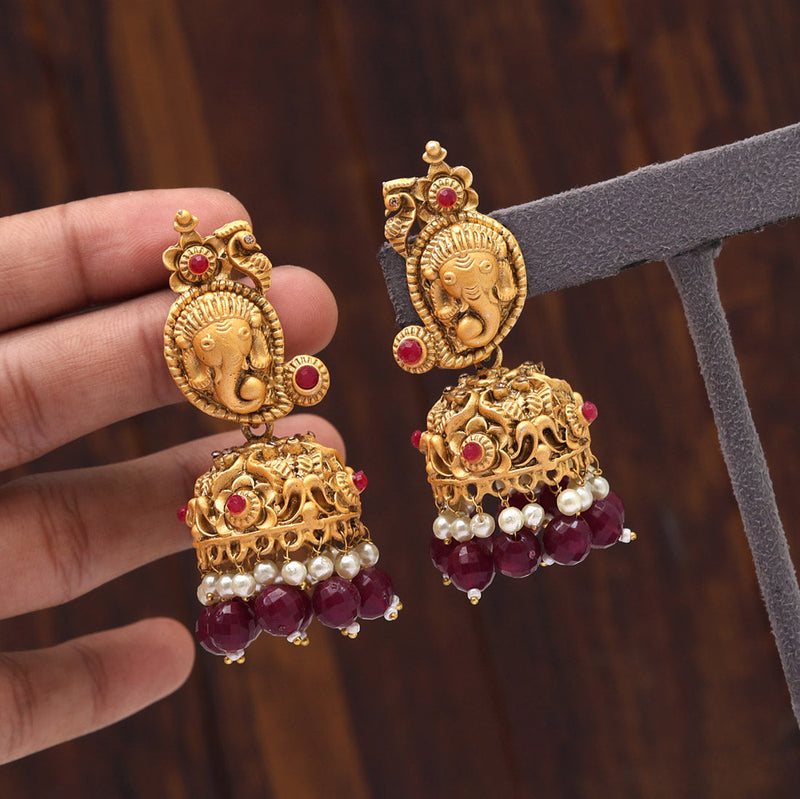 Maroon Color Matte Gold Temple Earrings (MGE243MRN)