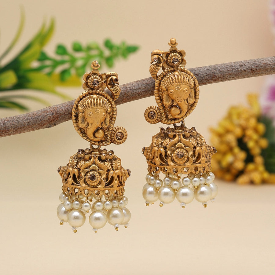 GOLD-PLATED TEMPLE JHUMKAS WITH MULTI BEAD DROPS EARRING SET STUDS EARRING  WOMENS AND GIRLS PARTY WEAR DAILY WEAR GOLD PLATED JHUMKA JHUMKI KAMMAL