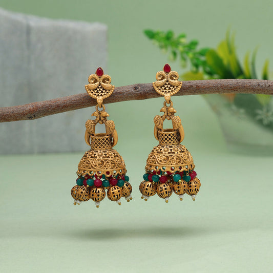 Rani & Green Color Rajwadi Matte Gold Earrings (MGE246RNIGRN)