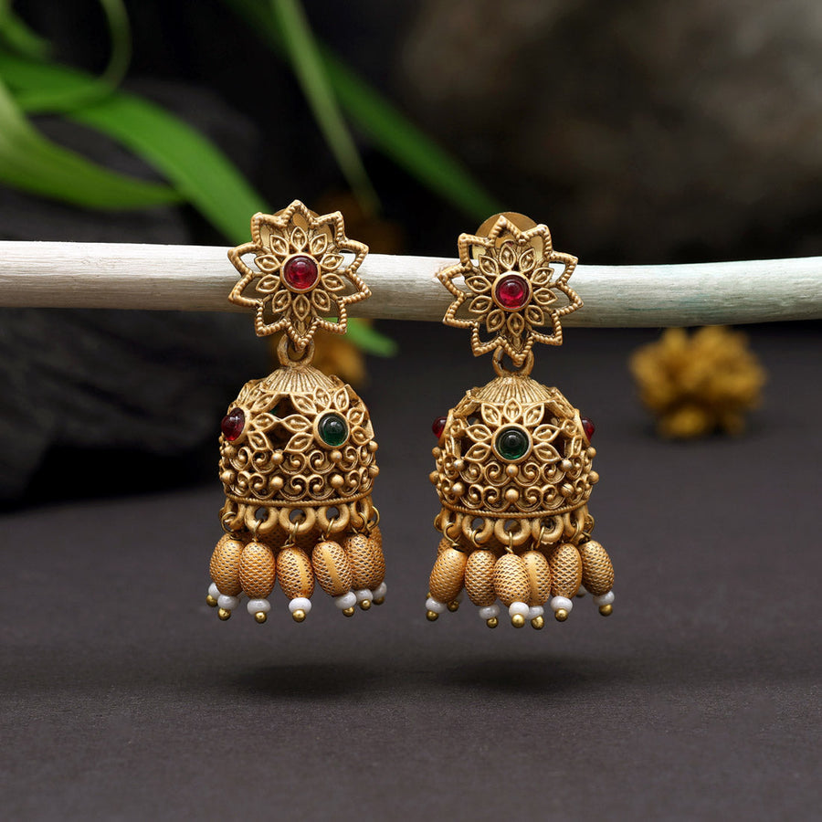 Gold tone pink-green stone mango-Lakshmi Kerala style stud/earrings dj –  dreamjwell