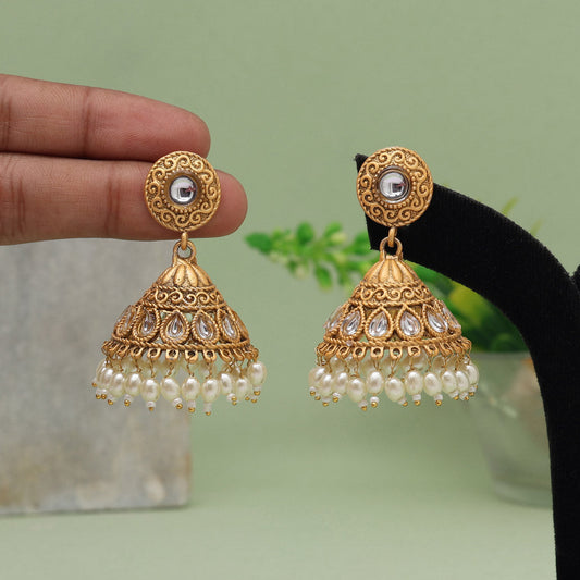 White Color Matte Gold Jhumka Earrings (MGE286WHT)