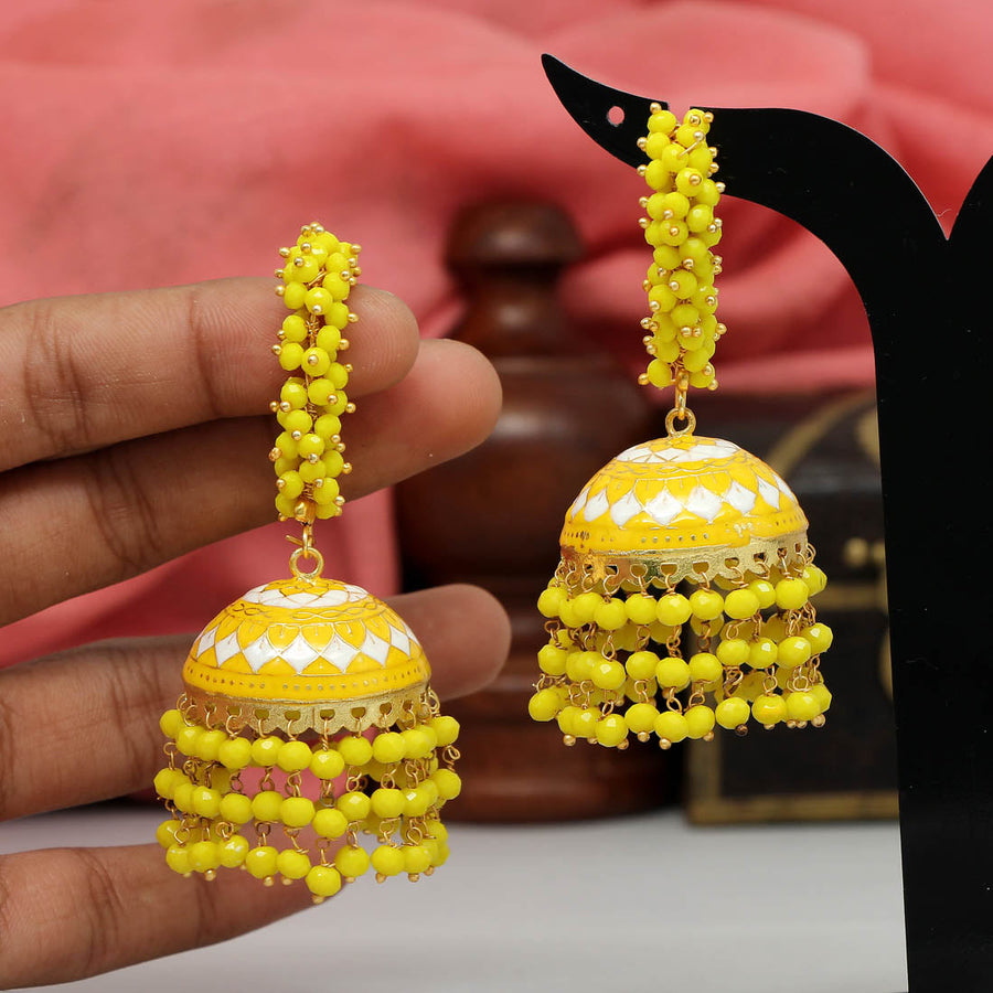 Buy Yellow and gold hue beaded drop long earrings Online. – Odette