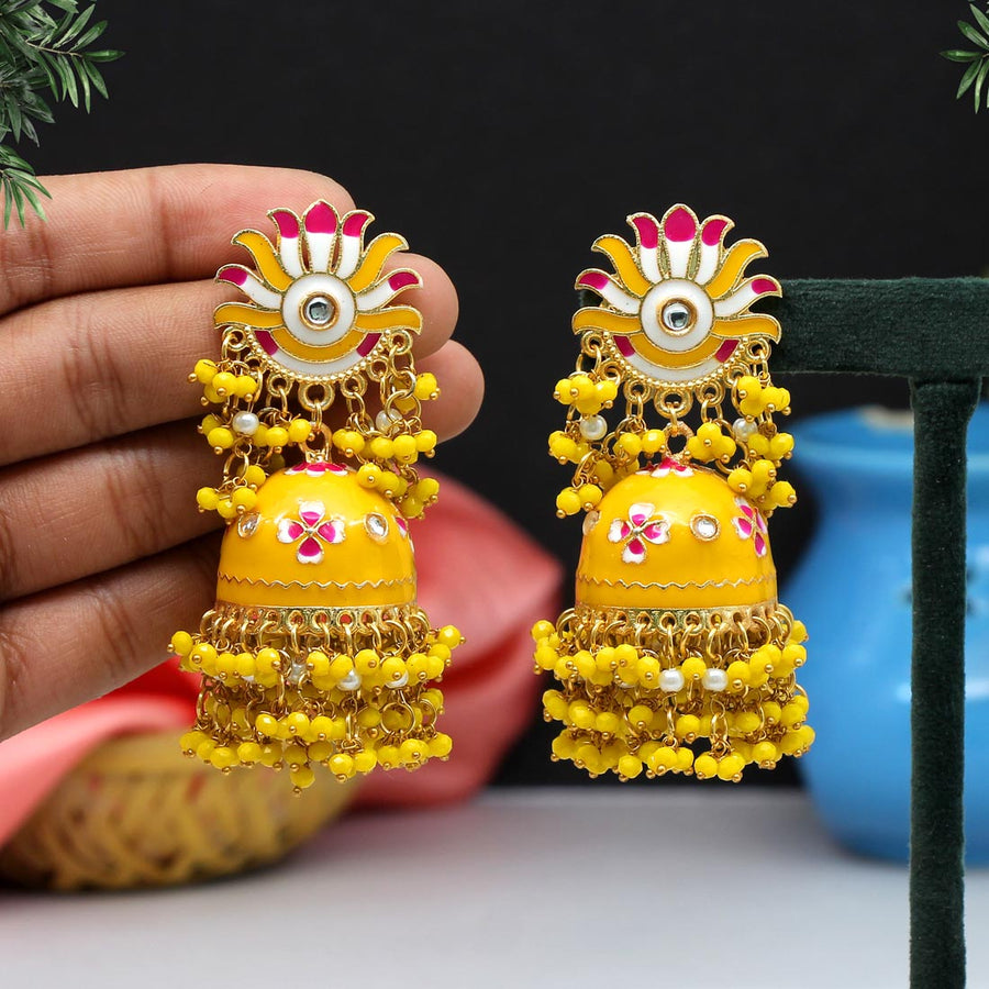 JANVIKA NOVELITY Silk Thread Earrings Silk Dori Jhumki perals hangings Yellow  Color New Model : Amazon.in: Fashion