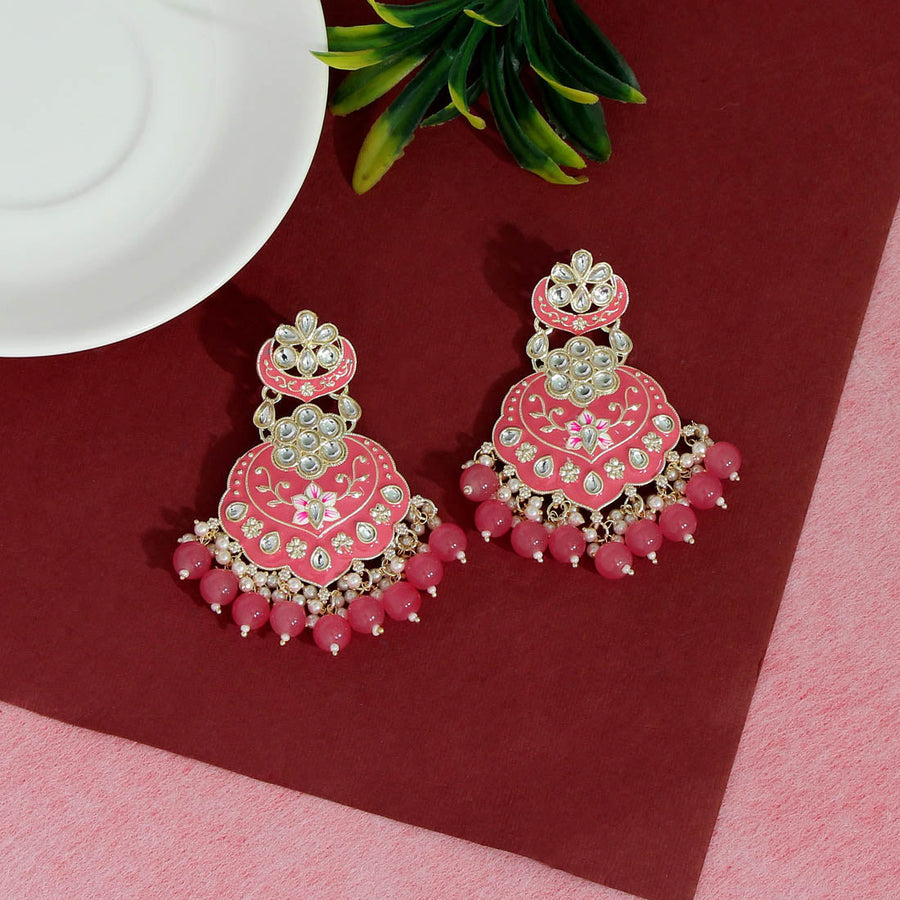 Magenta color kundan earrings - Jaipur Mart - 4293342