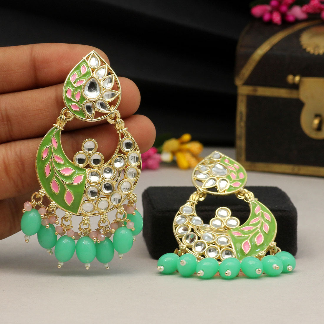 Parrot Green Color Meenakari Earrings (MKE1719PGRN)