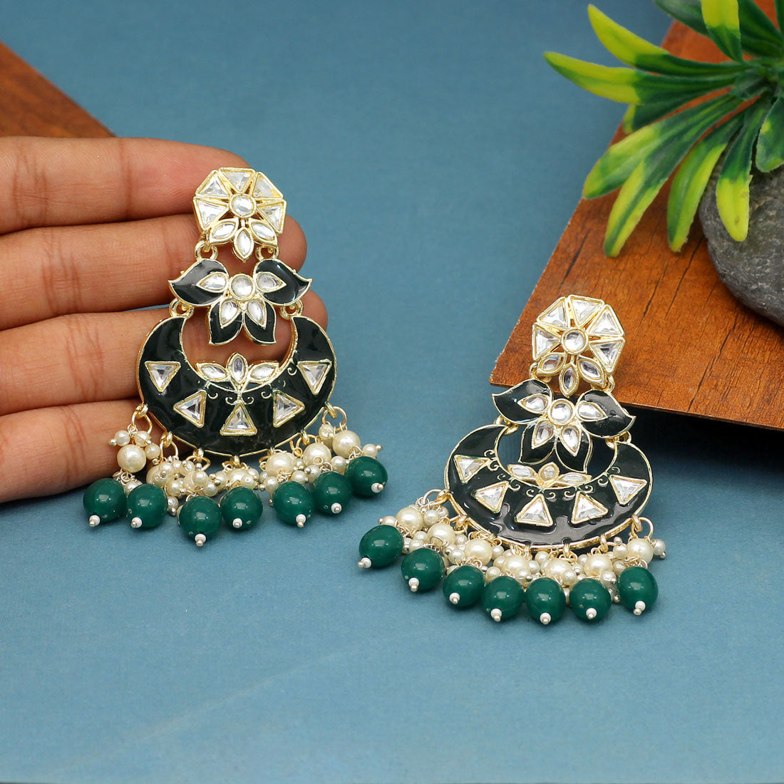 Green Color Meenakari Earrings (MKE1764GRN)