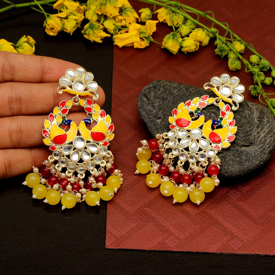 Yellow Color Meenakari Earrings (MKE1792YLW)