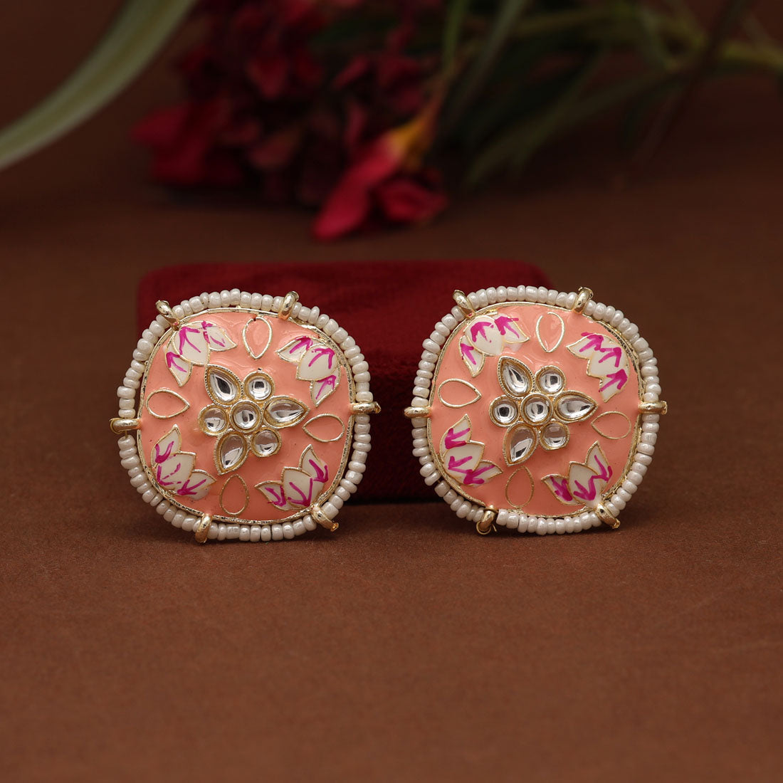 Peach Color Meenakari Stud Earrings (MKE1818PCH)