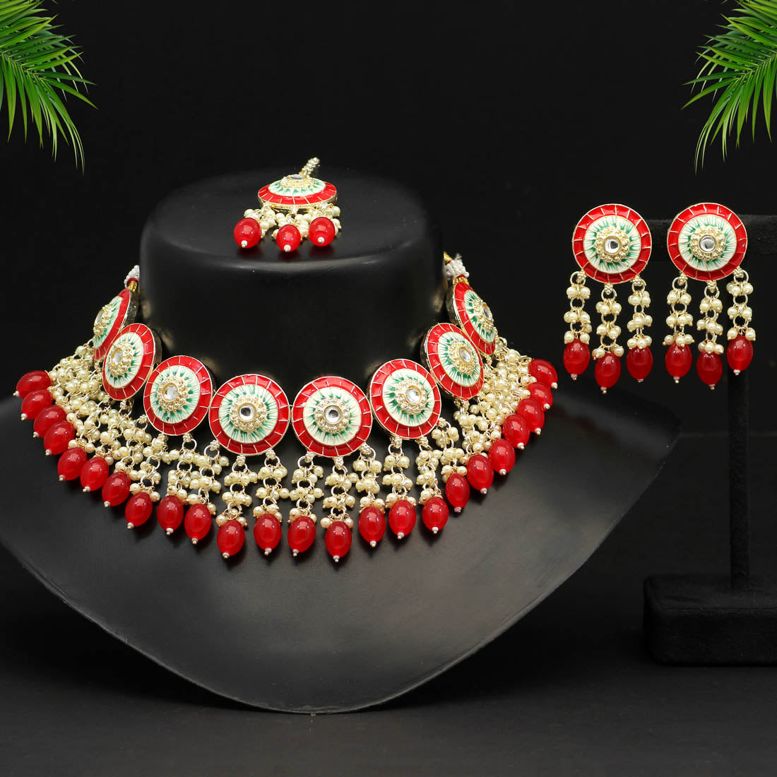 Red Color Kundan Meenakari Necklace Set (MKN482RED)