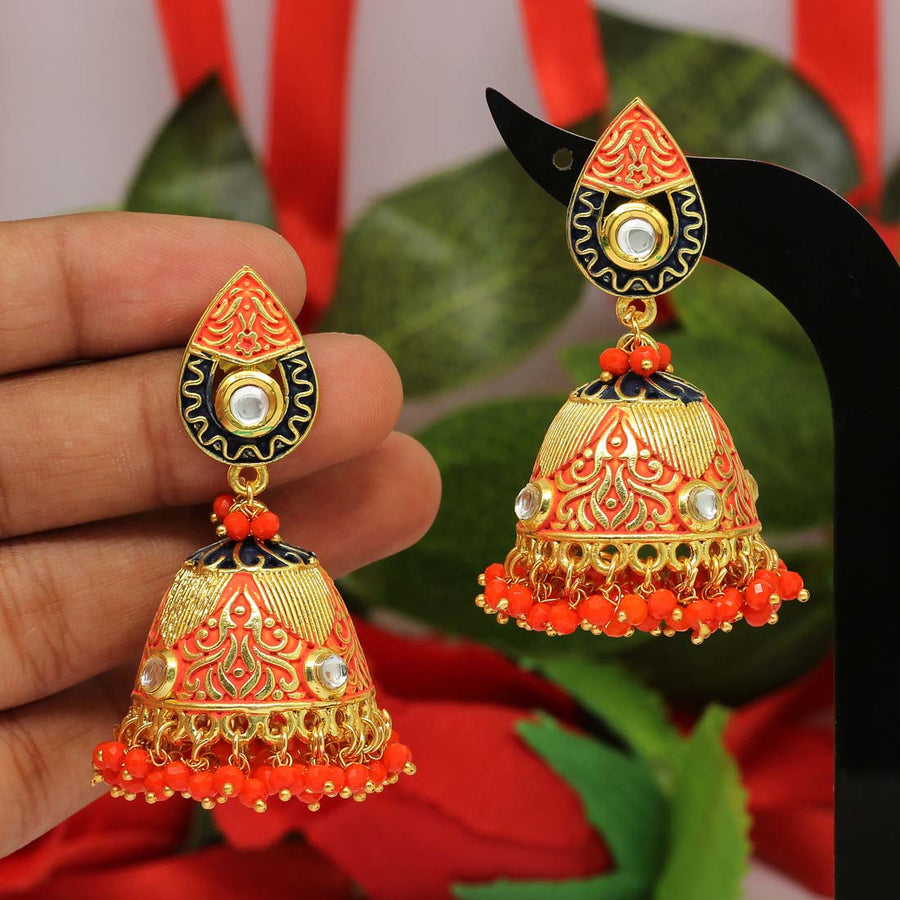 Kundan Studded Orange Jhumka Earrings Jewelry 425JW03