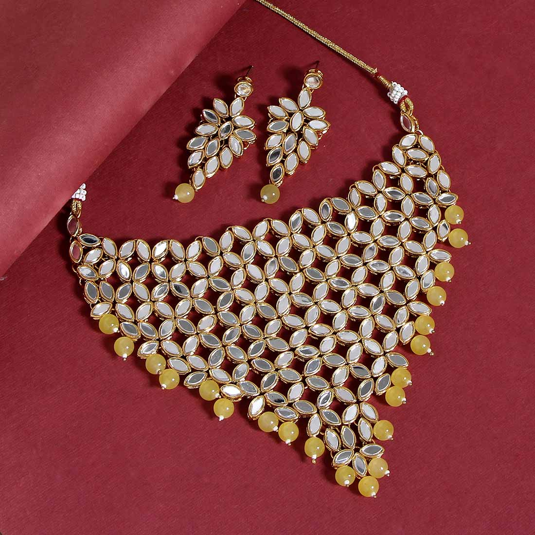 Lemon Yellow Color Kundan Mirror Necklaces Set (MRN101LYLW)