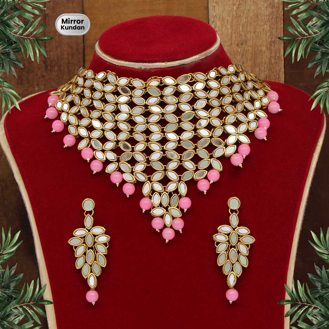 Pink Color Kundan Mirror Necklaces Set (MRN101PNK)