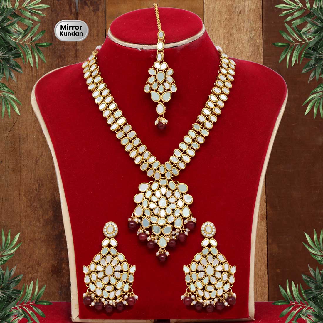 Maroon Color Mirror Kundan Necklace Set (MRN103MRN)