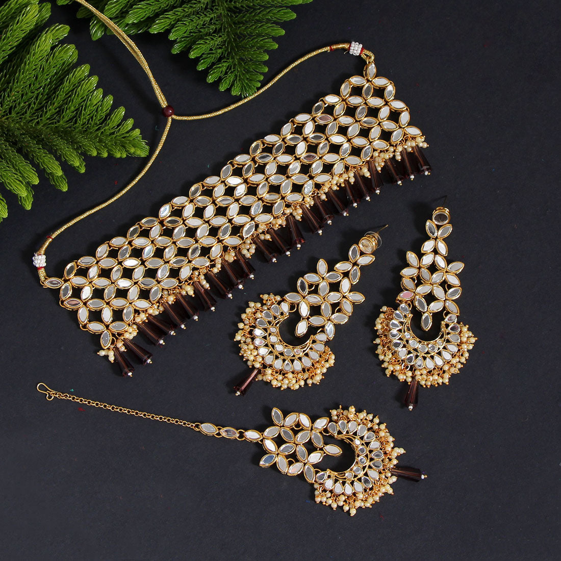 Brown Color Kundan Mirror Necklaces Set (MRN108BRW)