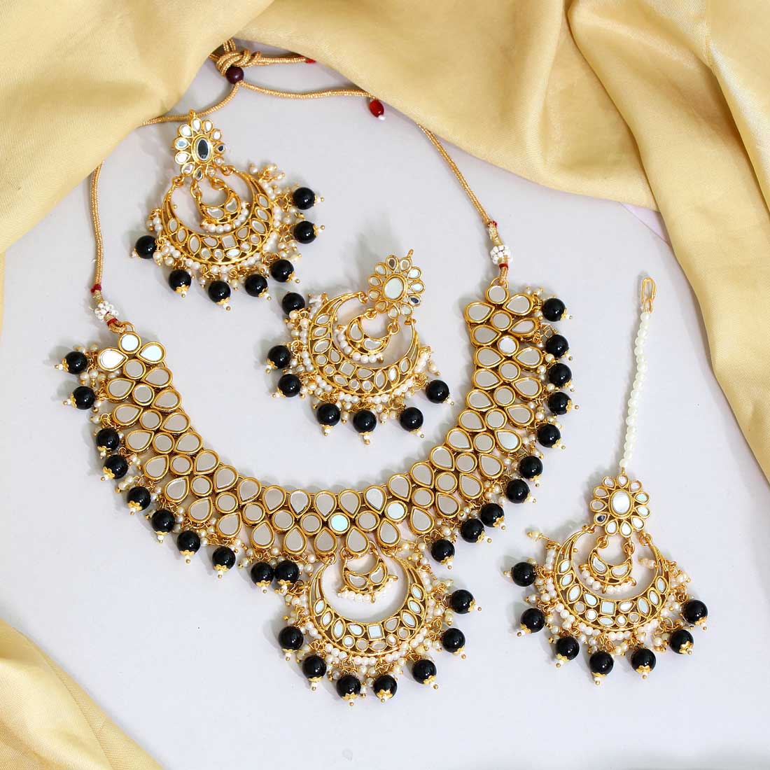 Black Color Kundan Mirror Necklaces Set (MRN110BLK)