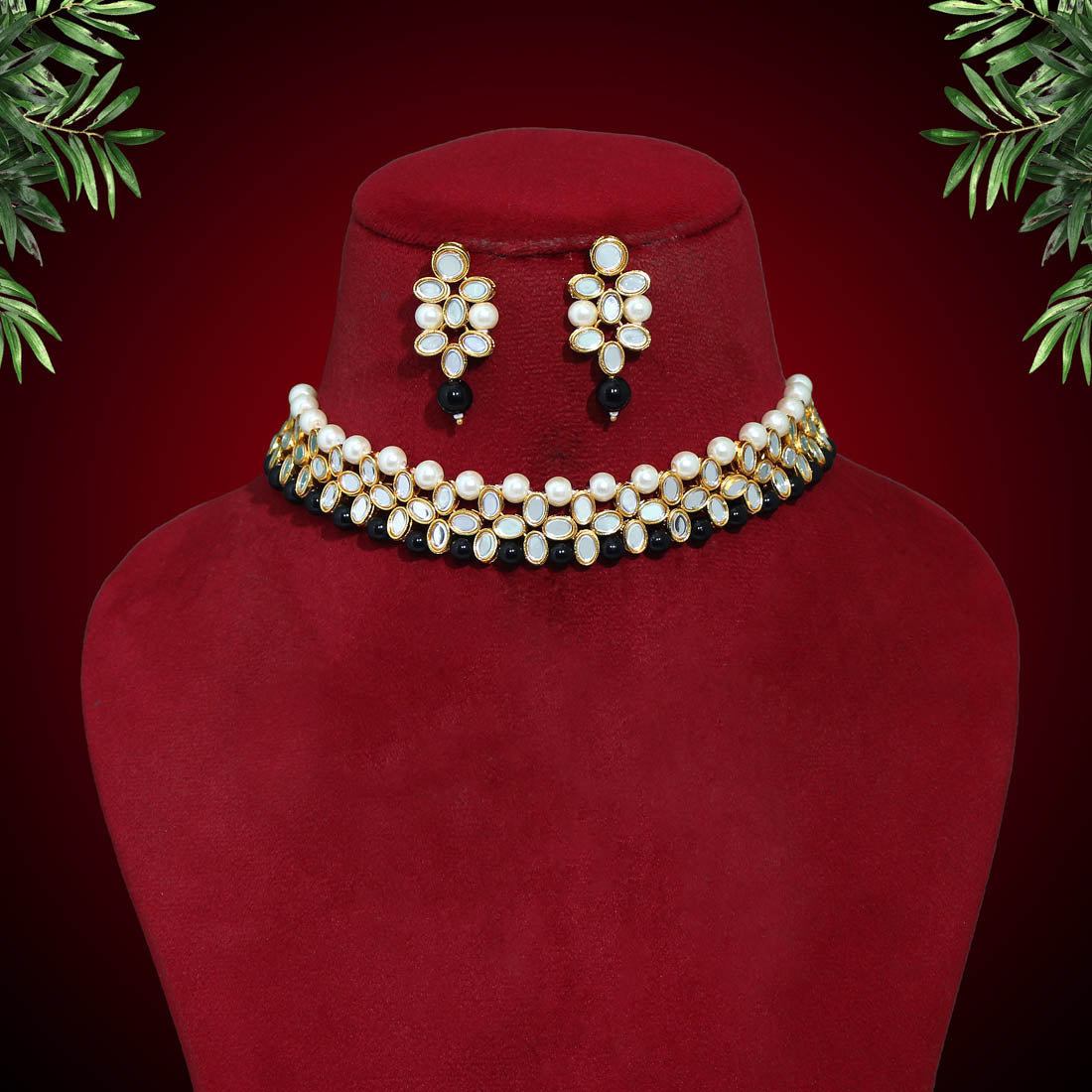 Black Color Choker Mirror Necklaces Set (MRN111BLK)