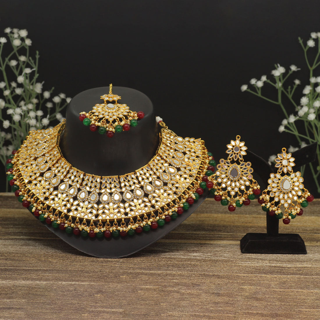 Maroon & Green Color Kundan Mirror Necklaces Set (MRN115MG)