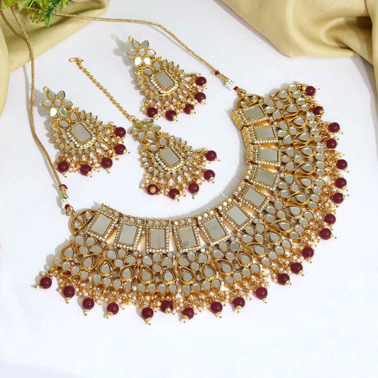 Maroon Color Kundan Mirror Necklace Set (MRN116MRN)