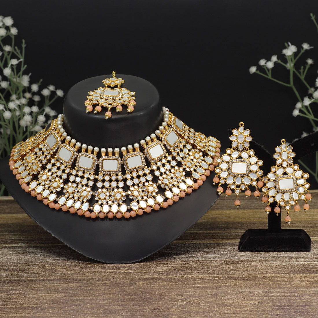 Peach Color Kundan Mirror Necklaces Set (MRN117PCH)