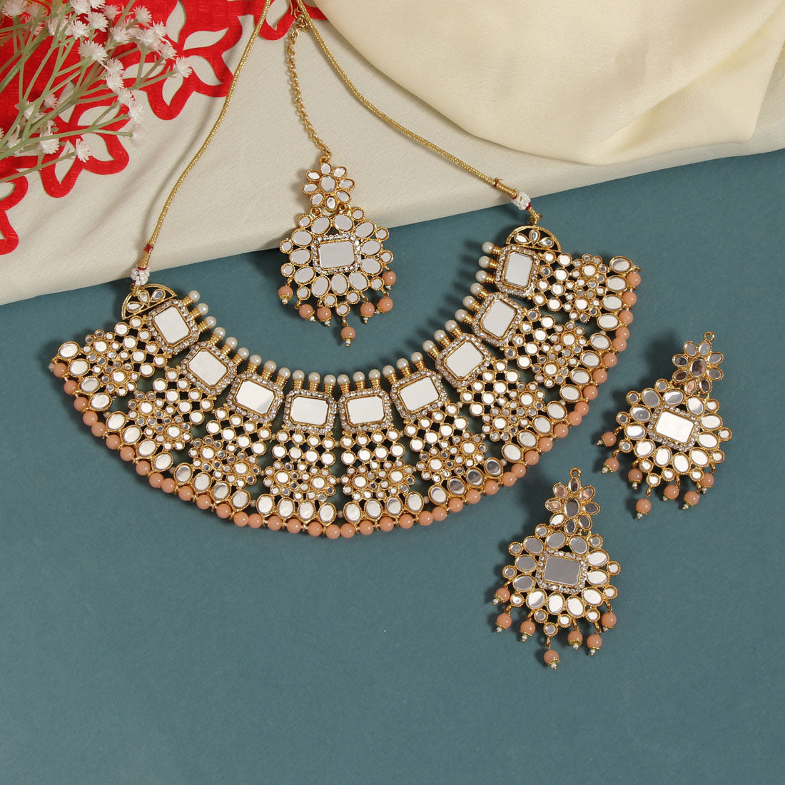 Peach Color Kundan Mirror Necklaces Set (MRN117PCH)