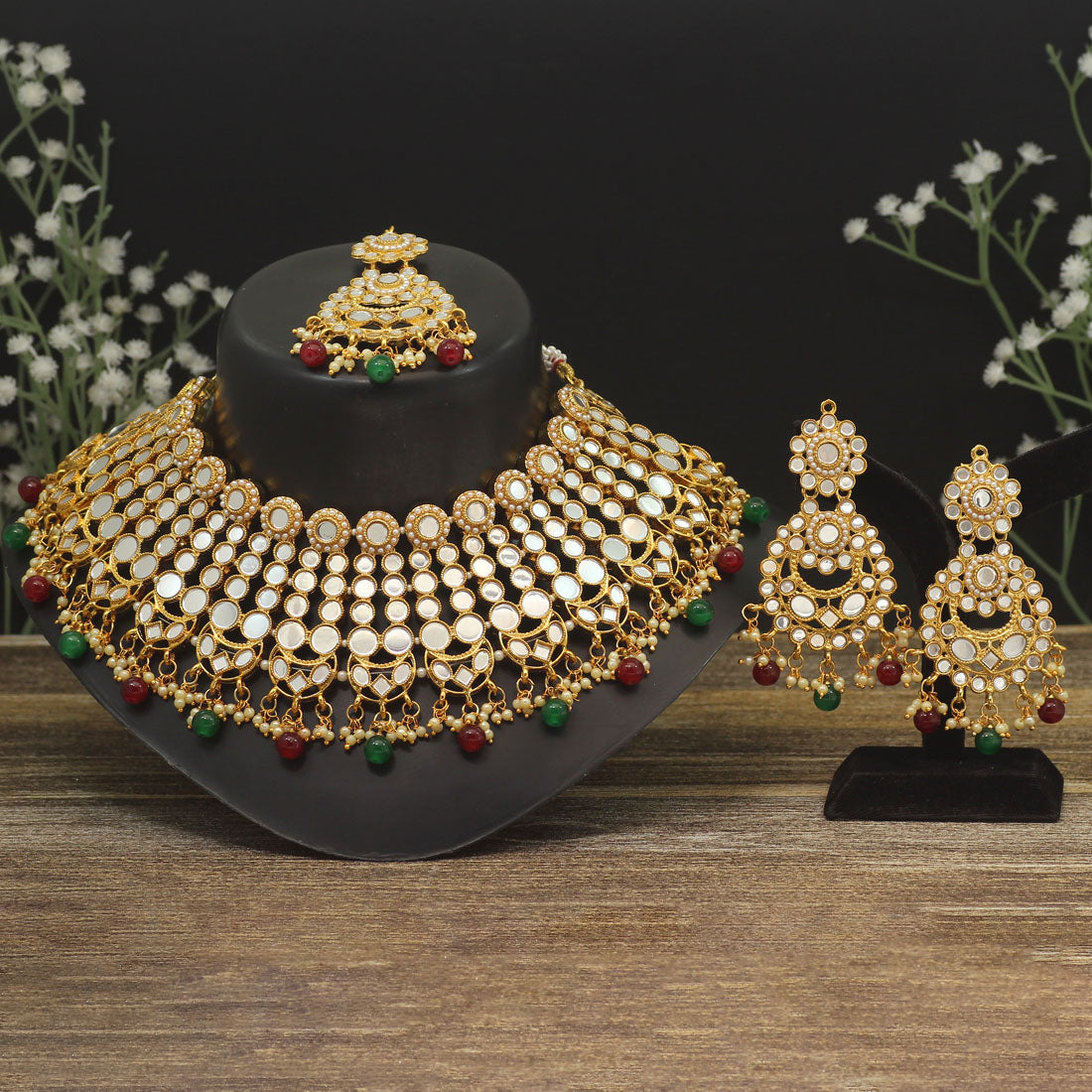 Maroon & Green Color Kundan Mirror Necklaces Set (MRN118MG)