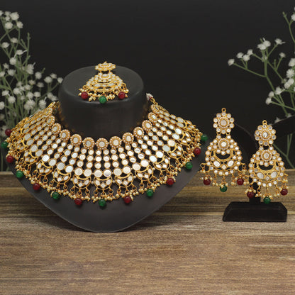 Maroon & Green Color Kundan Mirror Necklaces Set (MRN118MG)