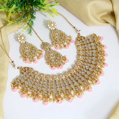 Pink Color Kundan Mirror Necklaces Set (MRN118PNK)
