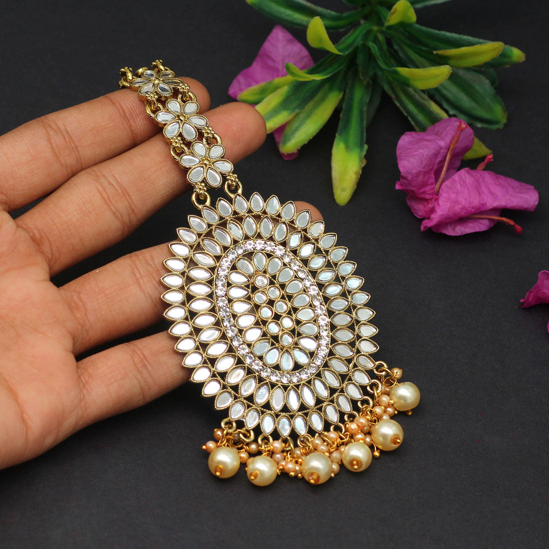 Gold Color Mirror Work Maang Tikka (MTK539GLD)