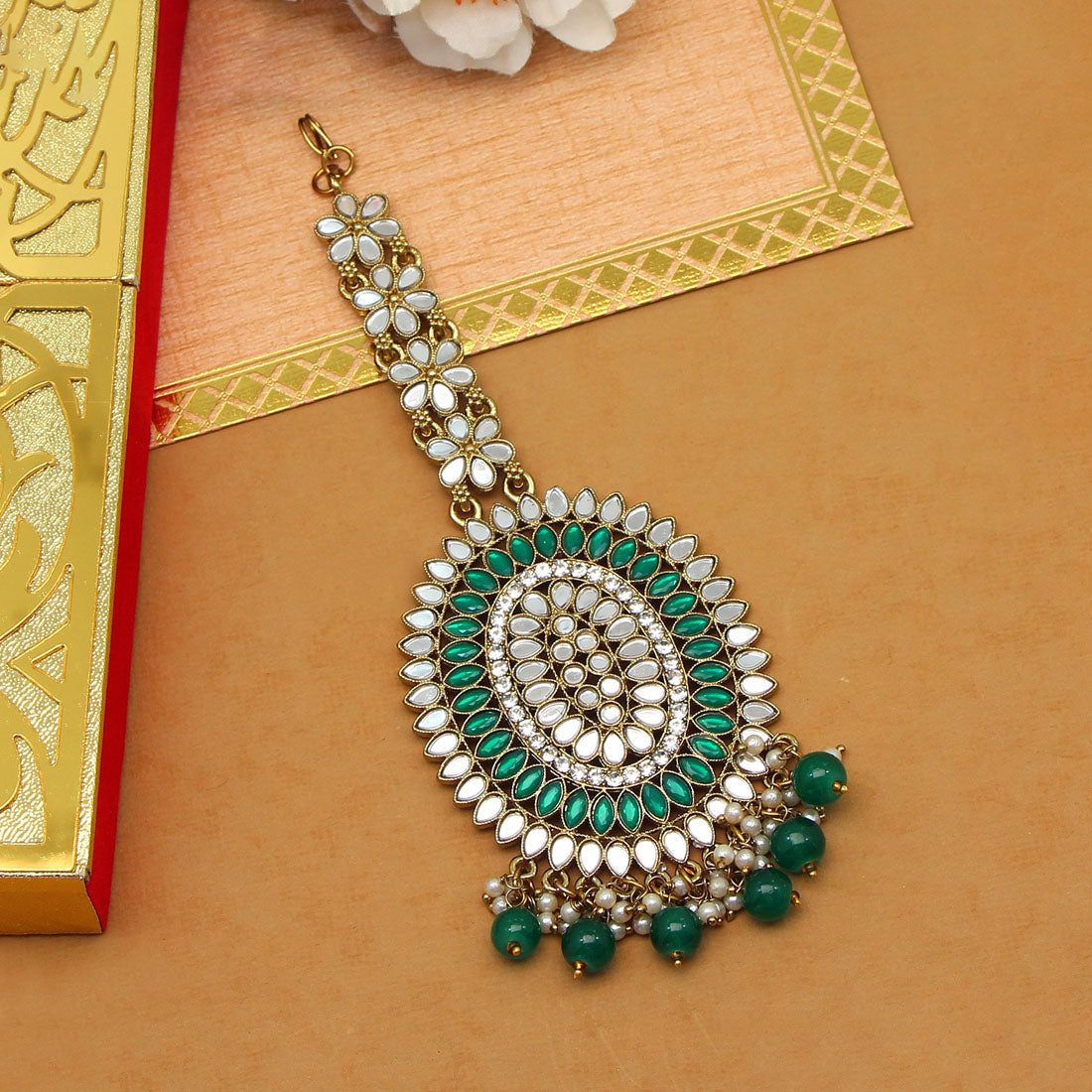 Green Color Mirror Work Maang Tikka (MTK539GRN)