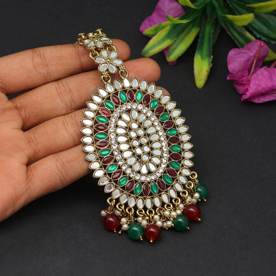 Maroon & Green Color Mirror Work Maang Tikka (MTK539MG)