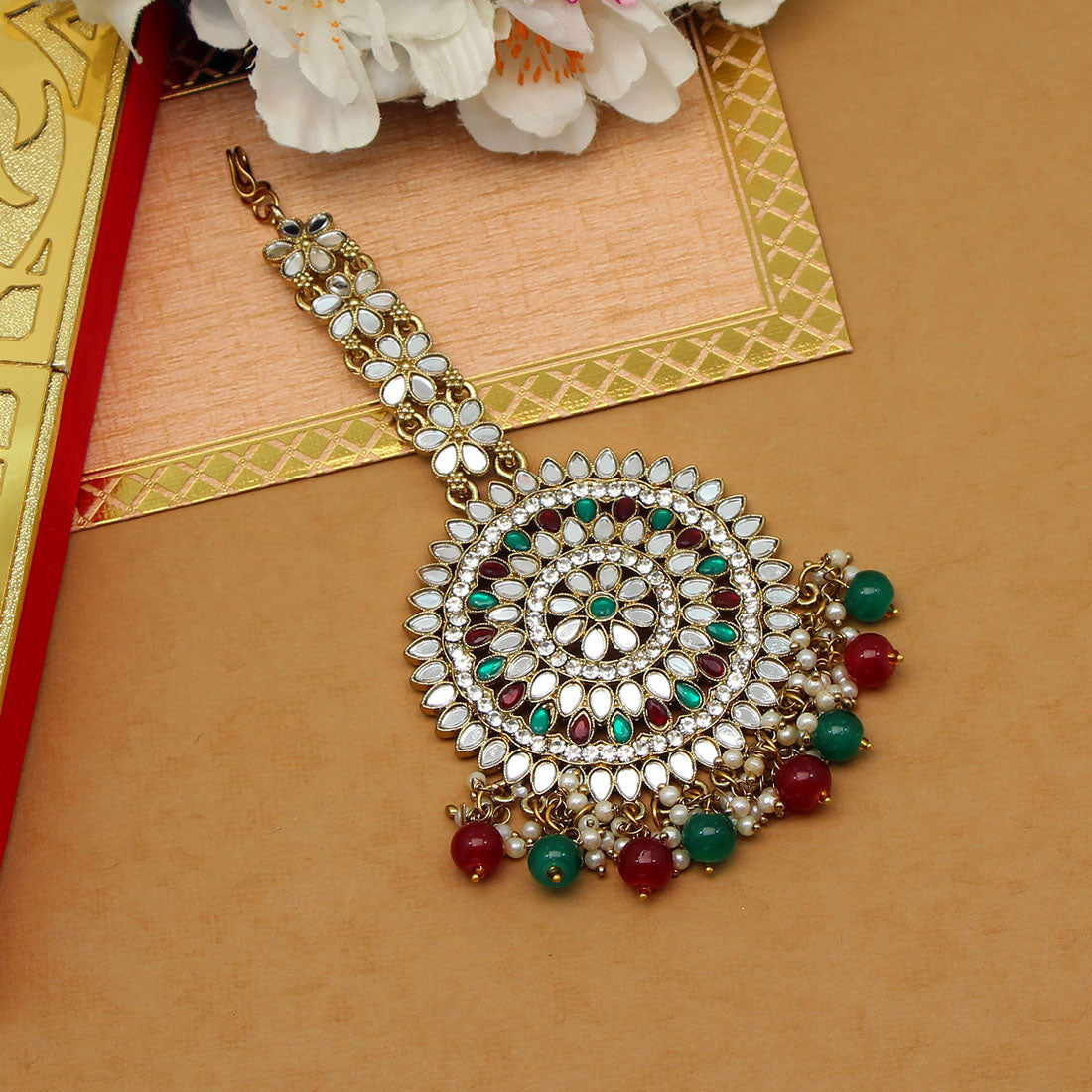Maroon & Green Color Mirror Work Maang Tikka (MTK540MG)
