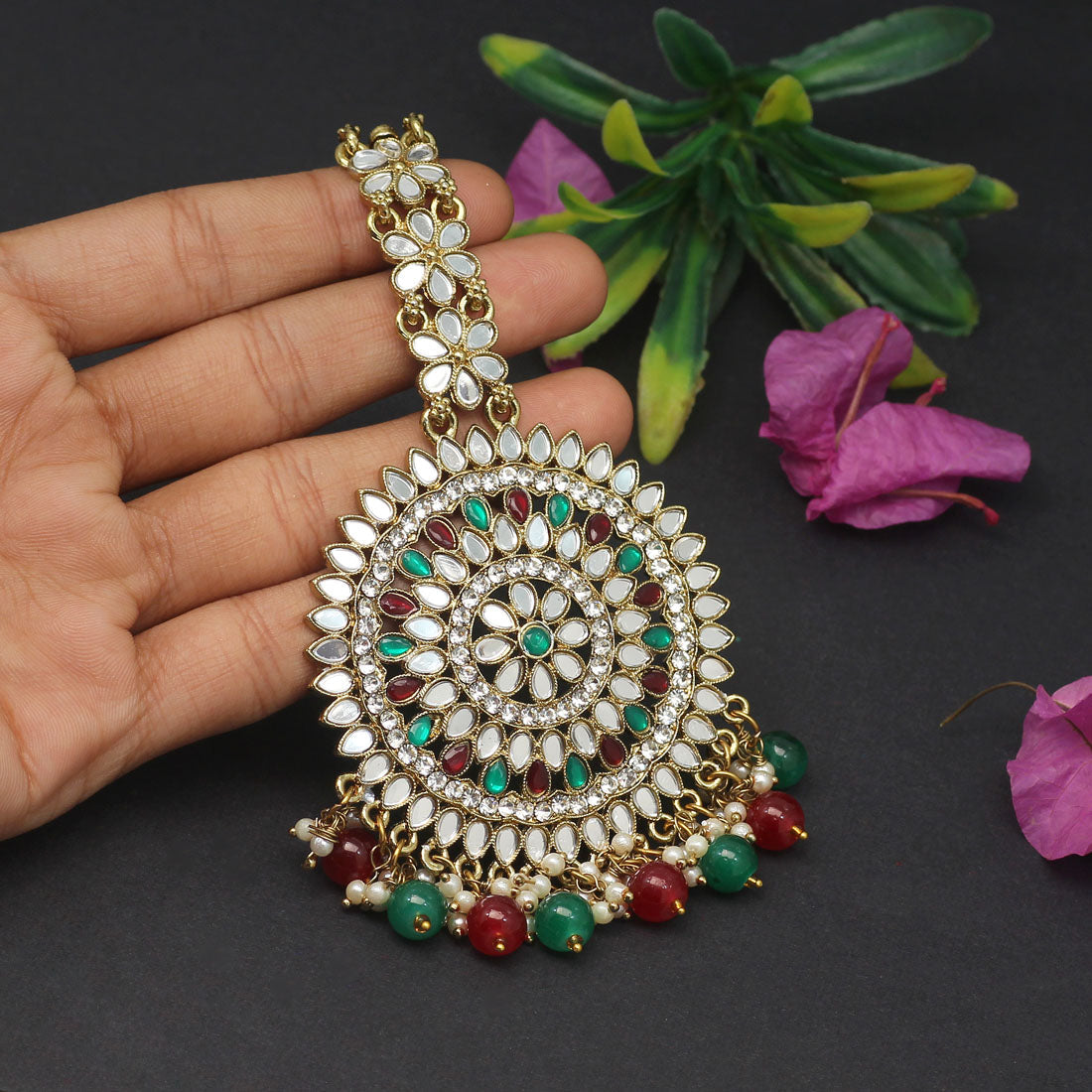 Maroon & Green Color Mirror Work Maang Tikka (MTK540MG)