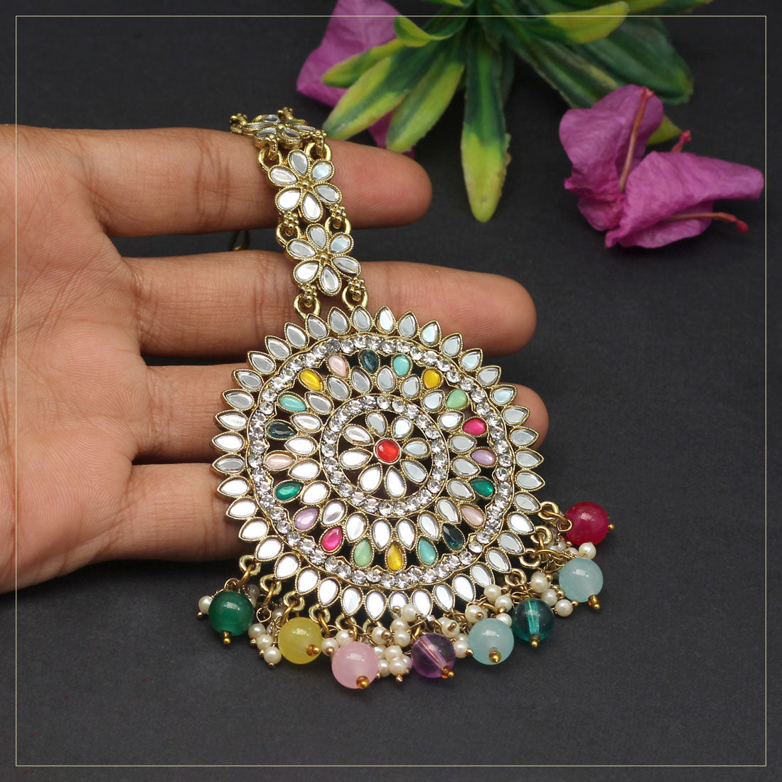 Multi Color Mirror Work Maang Tikka (MTK540MLT)