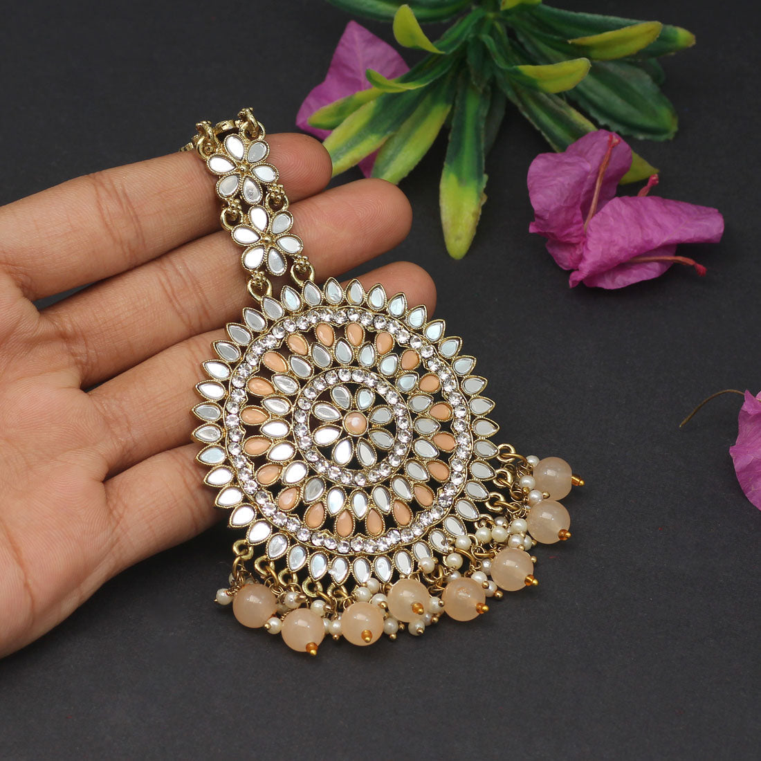 Peach Color Mirror Work Maang Tikka (MTK540PCH)