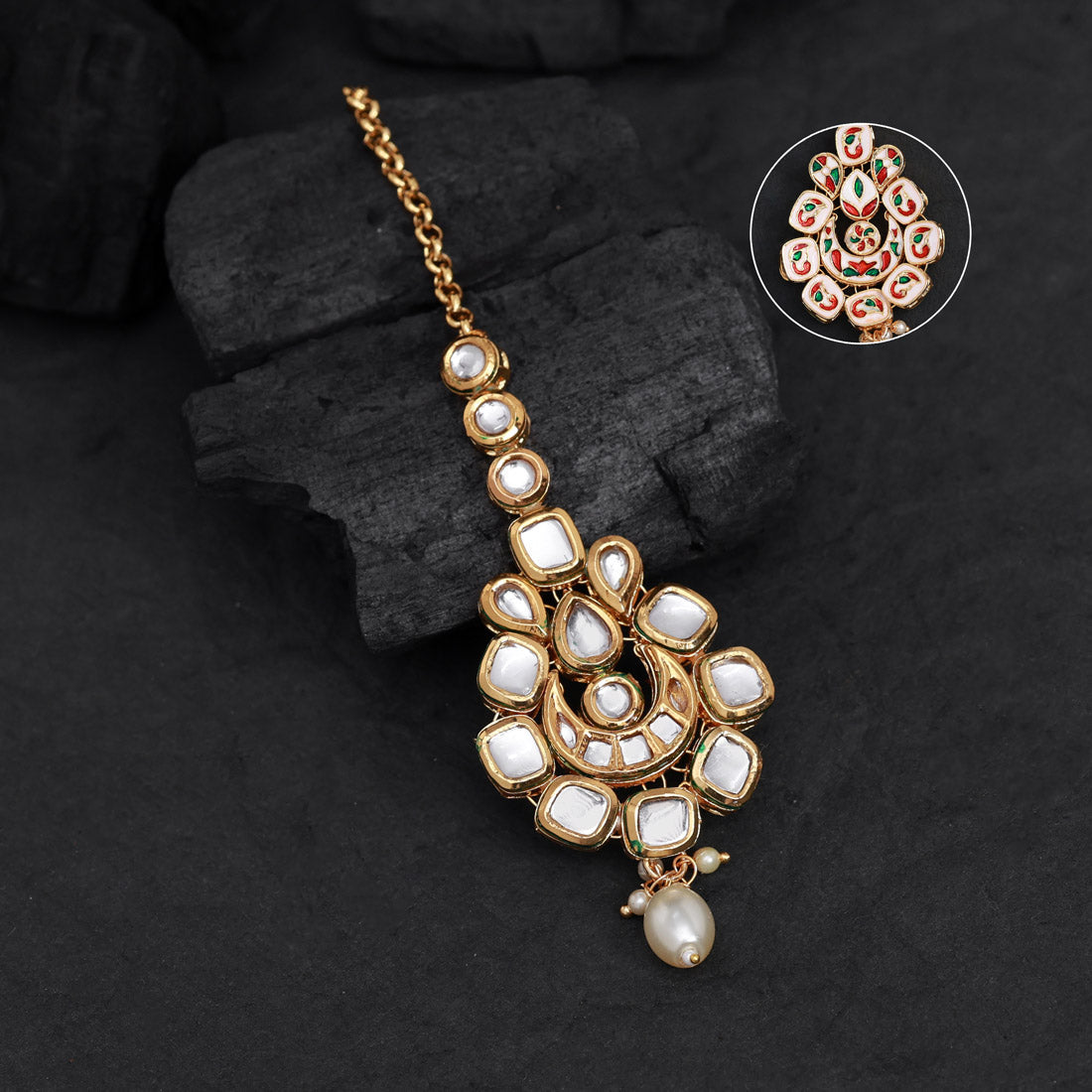 White Color Meena Work Kundan Maang Tikka (MTK558WHT)