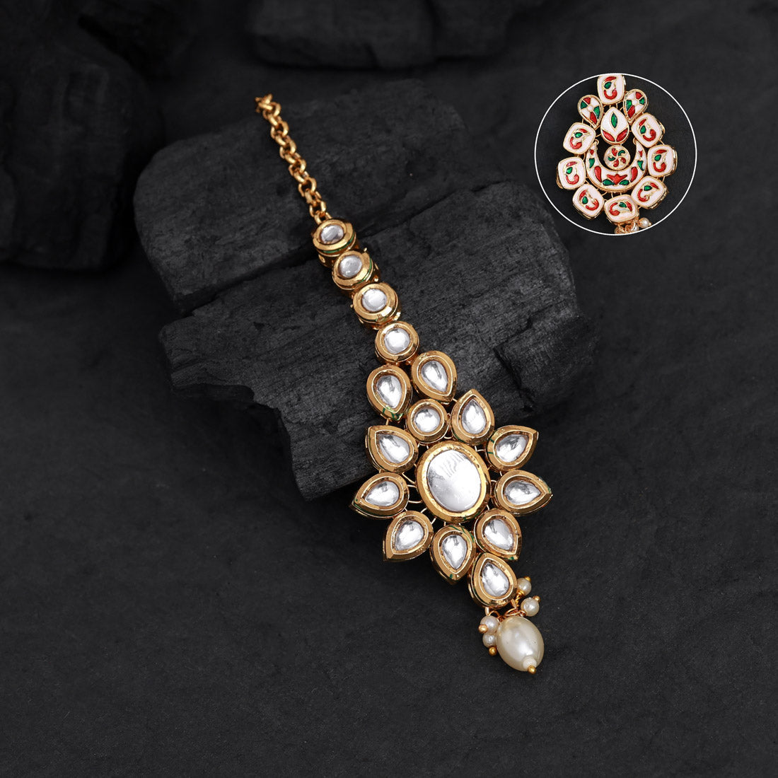 White Color Meena Work Kundan Maang Tikka (MTK559WHT)