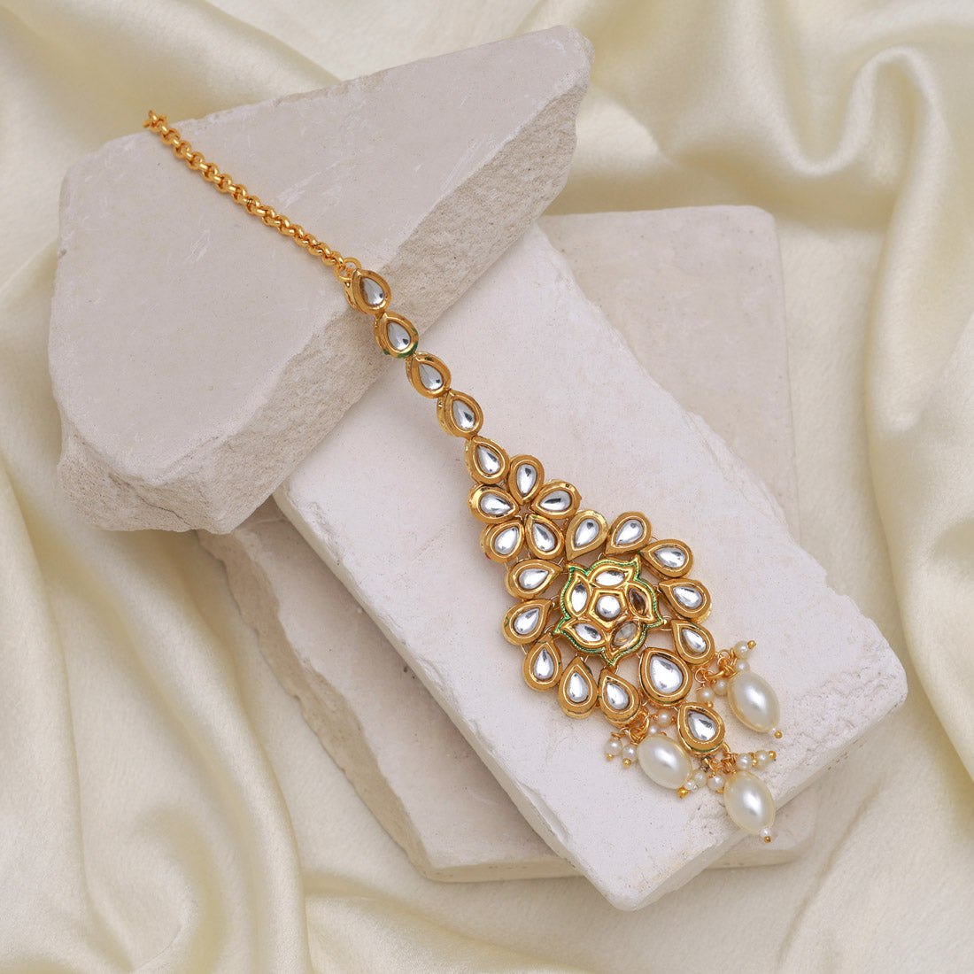 White Color Meena Work Kundan Maang Tikka (MTK560WHT)