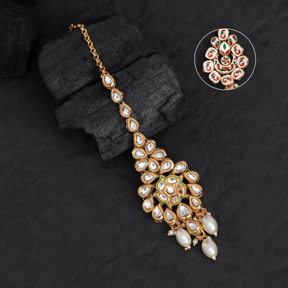 White Color Meena Work Kundan Maang Tikka (MTK560WHT)