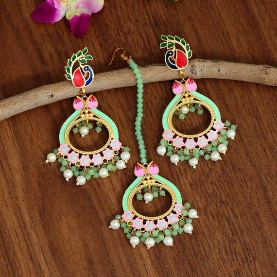 Pista Green Enamel Pearl Embellished Chandbali Earring | FashionCrab.com |  Chandbali earrings, Bold statement jewelry, Online earrings