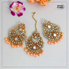 Peach Color Mirror Kundan Earrings With Maang Tikka (MTKE427PCH)