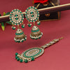Green Color Mirror Kundan Earrings With Maang Tikka (MTKE459GRN)