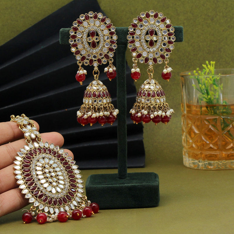 Maroon Color Mirror Kundan Earrings With Maang Tikka (MTKE459MRN)