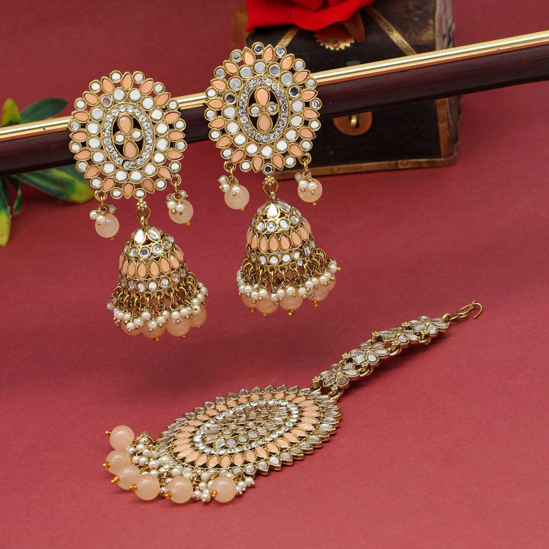 Peach Color Mirror Kundan Earrings With Maang Tikka (MTKE459PCH)