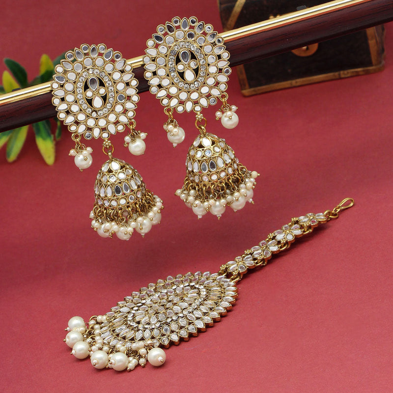 White Color Mirror Kundan Earrings With Maang Tikka (MTKE459WHT)